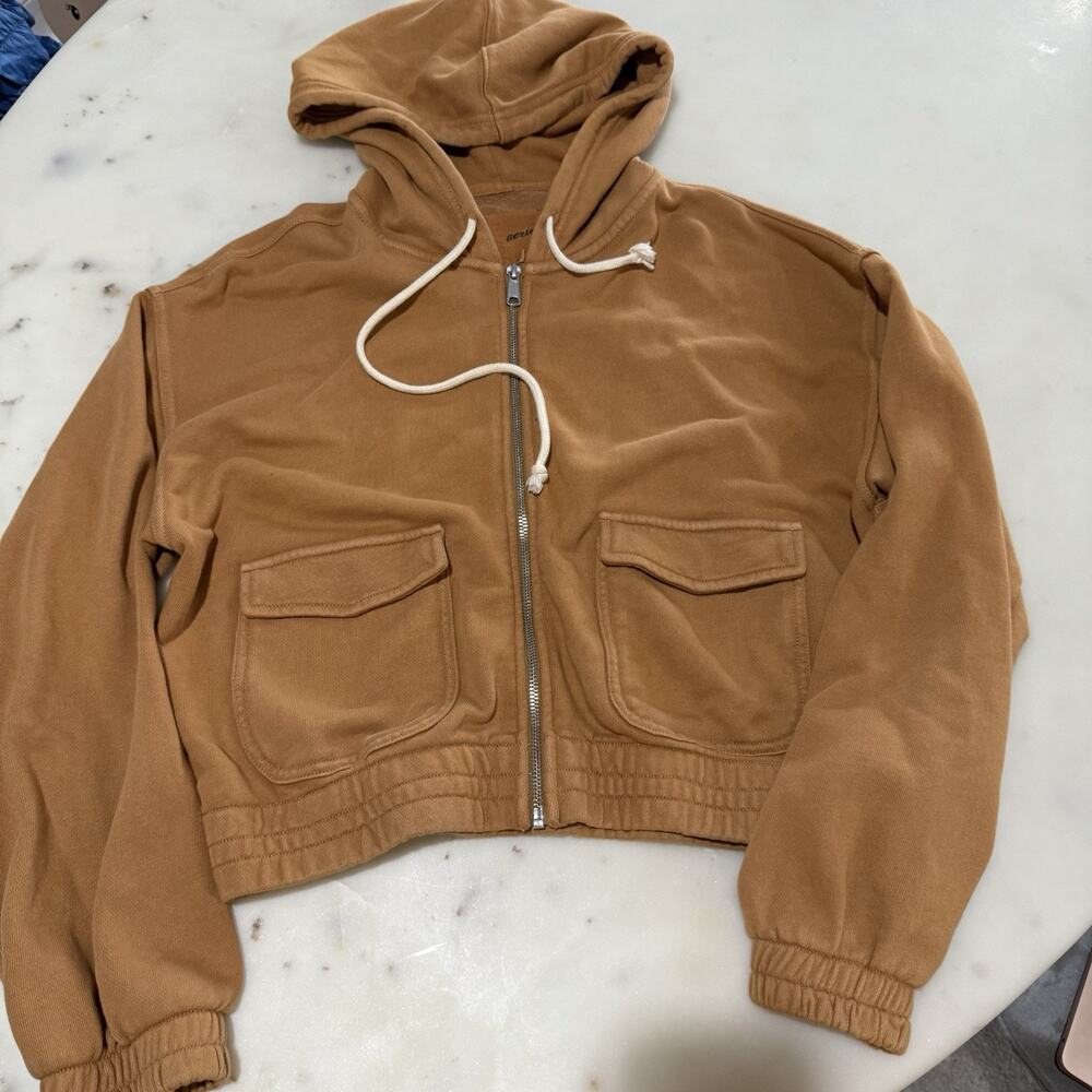 Aerie Zip Up Hoodie Womens M Brown Cropped Utility Pocket Fleece Sweatshirt